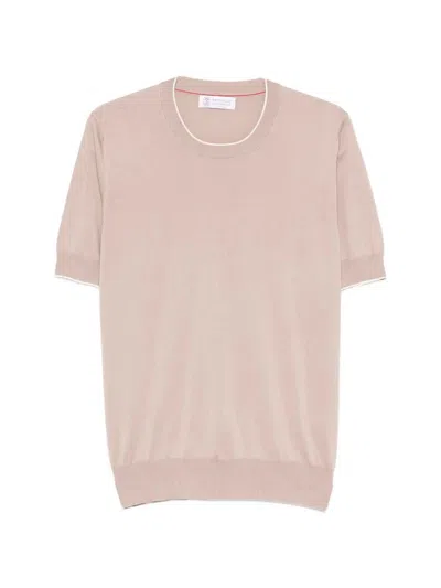 Brunello Cucinelli Men Cotton Lightweight Knit T-shirt With Contrast Details In Pink