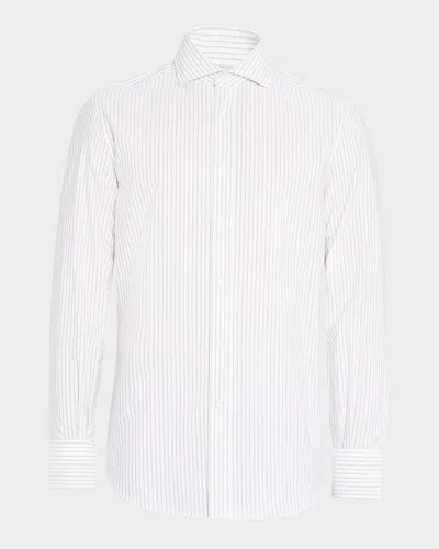 Brunello Cucinelli Men's Cotton Mini Stripe Sport Shirt In White And Brown