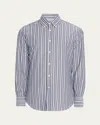 Brunello Cucinelli Striped Cotton Shirt With Button-down Collar In Denim/panama