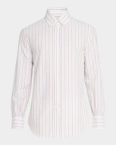 Brunello Cucinelli Men's Cotton Multi-stripe Sport Shirt In White And Bark