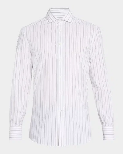 Brunello Cucinelli Men's Cotton Multi-stripe Sport Shirt In White And Pearl