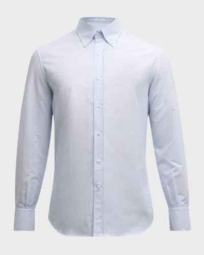 Brunello Cucinelli Men's Cotton Pinstripe Sport Shirt In Sky Bllue