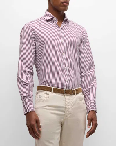 Brunello Cucinelli Men's Cotton Pinstripe Sport Shirt In White/red