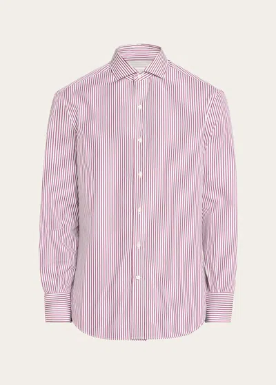 Brunello Cucinelli Men's Cotton Pinstripe Sport Shirt In White/red