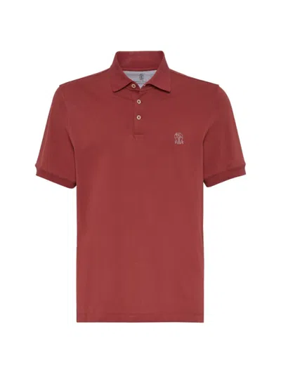 Brunello Cucinelli Men's Cotton Piqua Polo Shirt With Printed Logo In Red