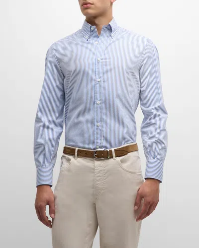 Brunello Cucinelli Men's Cotton Poplin Stripe Dress Shirt In White/light Blue