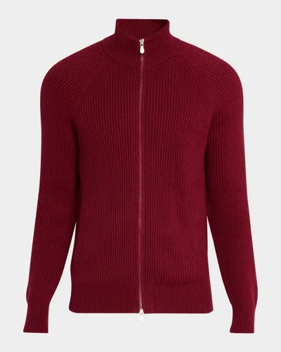 Brunello Cucinelli Men's Cotton Rib Full-zip Cardigan In Red