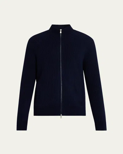 Brunello Cucinelli Men's Cotton Rib Full-zip Cardigan In Blue