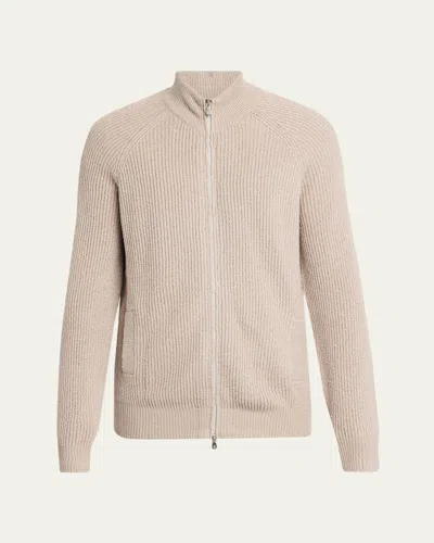 Brunello Cucinelli Men's Cotton Rib Full-zip Cardigan In Nude