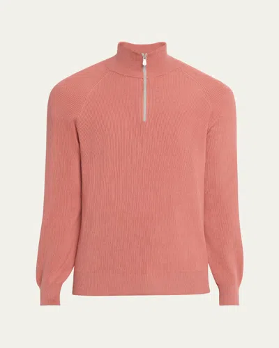 Brunello Cucinelli Men's Cotton Rib Half-zip Sweater In Grapefruit