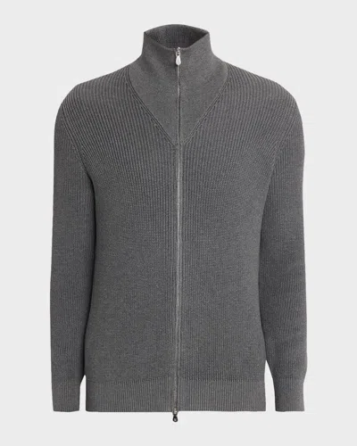 Brunello Cucinelli Men's Cotton Rib High-neck Zip Cardigan In Gray
