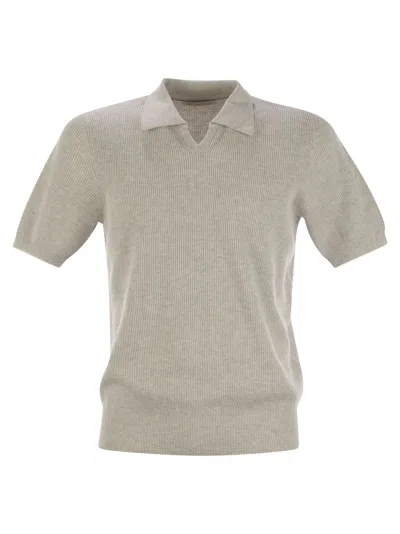 Brunello Cucinelli Men Cotton Rib Knit Polo Shirt In Gray