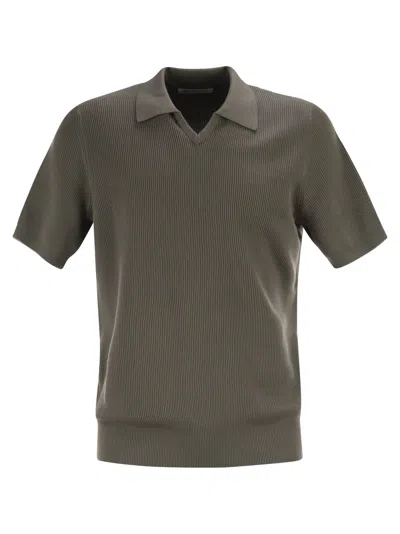 Brunello Cucinelli Men Cotton Rib Knit Polo Shirt In Gray
