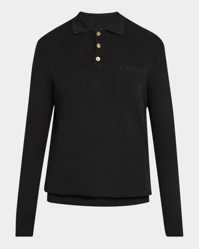 Brunello Cucinelli Men's Cotton Rib Knit Polo Sweater In Black