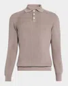 Brunello Cucinelli Men's Cotton Rib Polo Sweater In Ligth Brown