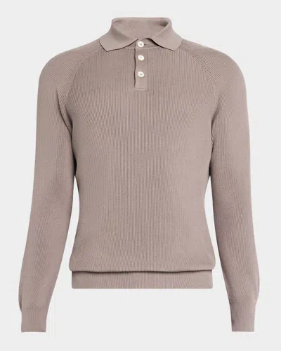 Brunello Cucinelli Men's Cotton Rib Polo Sweater In Ligth Brown