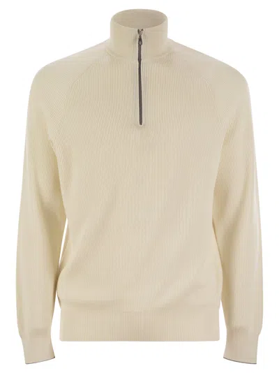 Brunello Cucinelli Men's Cotton Rib Sweater With Zip Opening And Raglan Sleeve In White