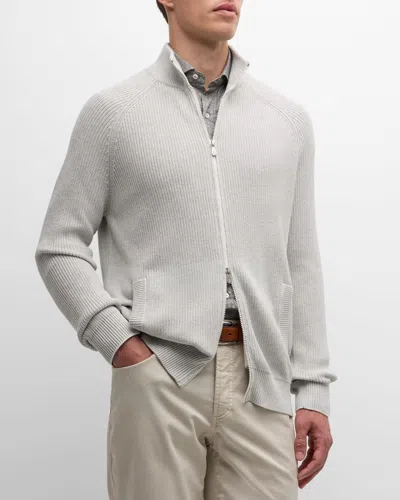Brunello Cucinelli Men's Cotton Ribbed Full-zip Sweater In Pearl Grey