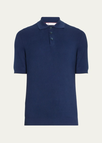 Brunello Cucinelli Men's Cotton Ribbed Polo Sweater In Blue