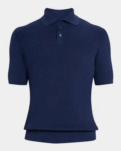 Brunello Cucinelli Men's Cotton Ribbed Short-sleeve Polo Sweater In Blue