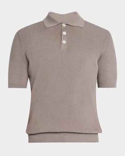 Brunello Cucinelli Men's Cotton Ribbed Short-sleeve Polo Sweater In Light Brown
