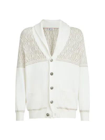 Brunello Cucinelli Beige Jacquard Shawl Neck Cardigan In Neutral