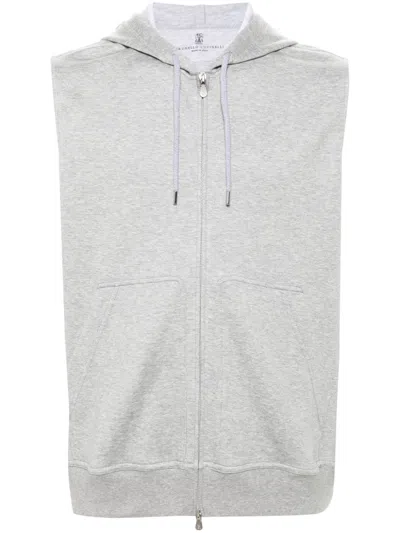 Brunello Cucinelli Cotton Zip Up Sleeveless Hoodie In Grey