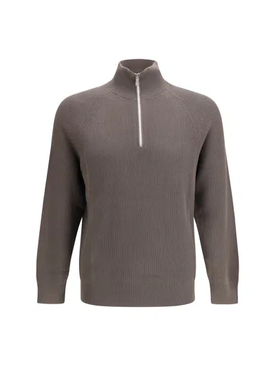 Brunello Cucinelli Men Cotton Sweater With A High Neckline In Gray