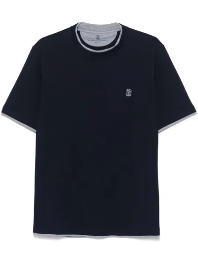 Brunello Cucinelli Men Cotton T-shirt With Logo Embroidery In Black