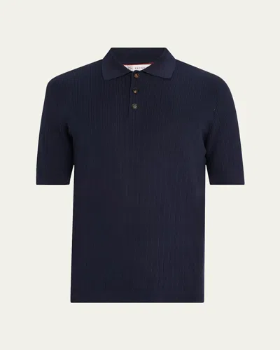 Brunello Cucinelli Ribbed-knit Cotton Polo Sweater In Blue