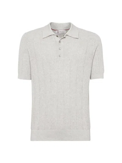 Brunello Cucinelli Men's Cotton Textured Rib Knit Polo Shirt In Light Grey