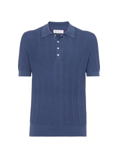 Brunello Cucinelli Men's Cotton Textured Rib Knit Polo Shirt In Oxford Blue