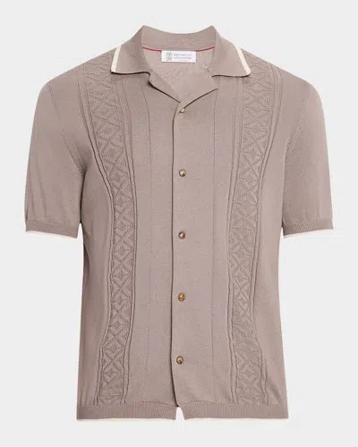 Brunello Cucinelli Men's Cotton Textured Short-sleeve Sweater In Black