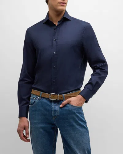 Brunello Cucinelli Men's Cotton Twill Sport Shirt In Navy