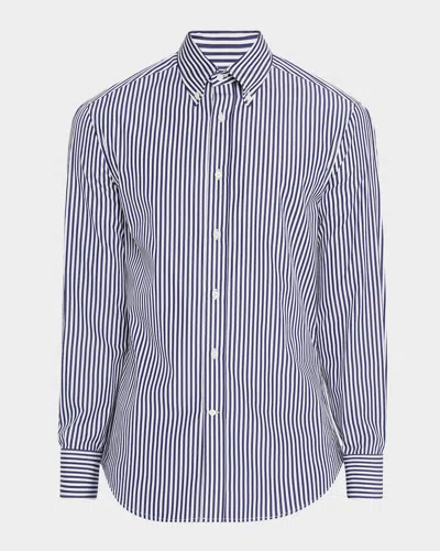 Brunello Cucinelli Men's Cotton Wide Stripe Button-collar Sport Shirt In Blue