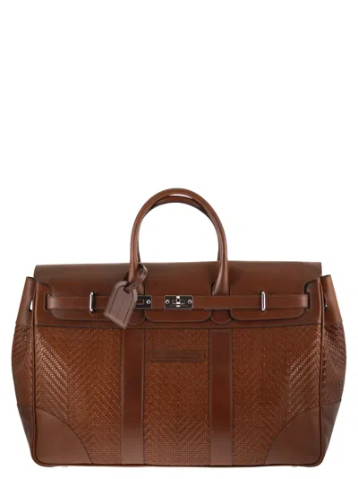 Brunello Cucinelli Men Country Bag In Woven Calfskin And Cowhide Leather In Brown