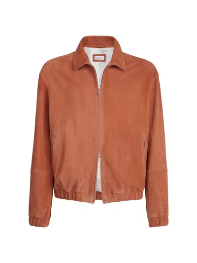 Brunello Cucinelli Country Style Jacket Collared Elasticated Hem In Orange