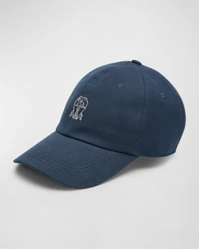 Brunello Cucinelli Men's Crest Logo Denim Baseball Hat In Blue