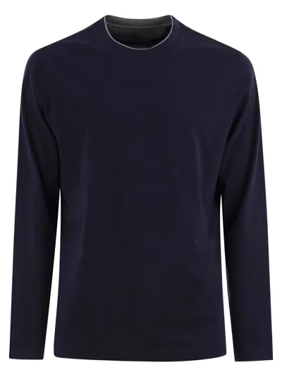 Brunello Cucinelli Men Crew-neck Cotton Jersey T-shirt With Long Sleeves In Black