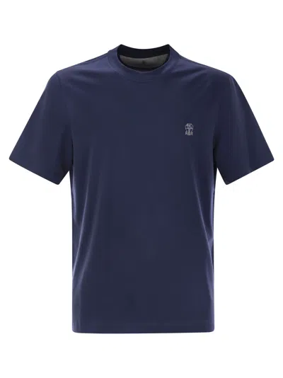 Brunello Cucinelli Men Crew-neck Cotton Jersey T-shirt With Printed Logo In Blue