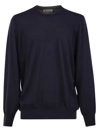 Brunello Cucinelli Men Crew-neck Sweater In Virgin Wool And Cashmere In Blue
