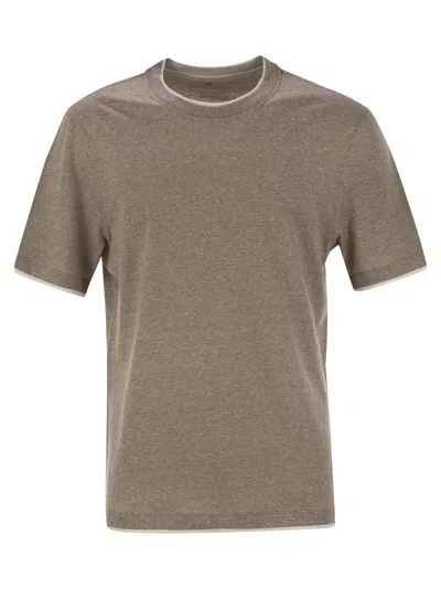 BRUNELLO CUCINELLI BRUNELLO CUCINELLI MEN CREW-NECK T-SHIRT IN LINEN AND COTTON JERSEY WITH FAUX LAYERING