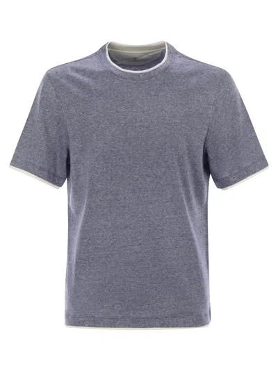 Brunello Cucinelli Men Crew-neck T-shirt In Linen And Cotton Jersey With Faux Layering In Gray
