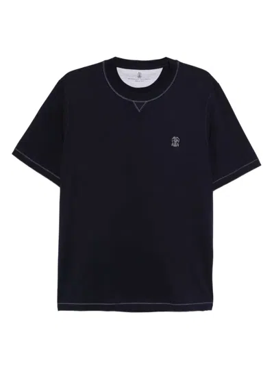 Brunello Cucinelli Men Crew-neck T-shirt With Embroidered Logo In Black