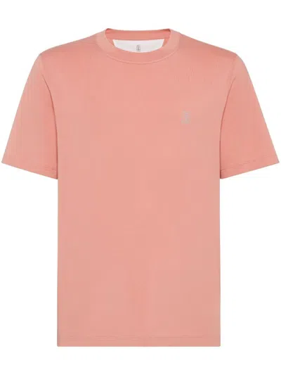 Brunello Cucinelli Men Crew Neck T-shirt With Printed Logo In Red