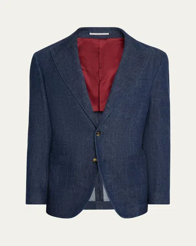 Brunello Cucinelli Men's Denim Peak Lapel Single-breasted Sport Coat In Blue