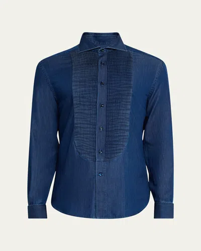 Brunello Cucinelli Men's Denim Pleated-bib Dress Shirt In Dark Denim