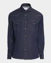 Brunello Cucinelli Western Cotton Denim Shirt In Blue