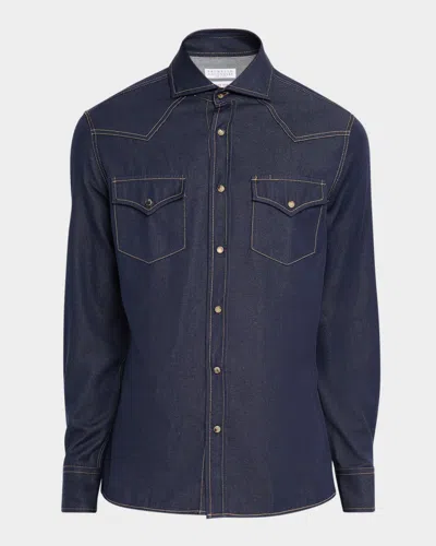 Brunello Cucinelli Western Cotton Denim Shirt In Blue