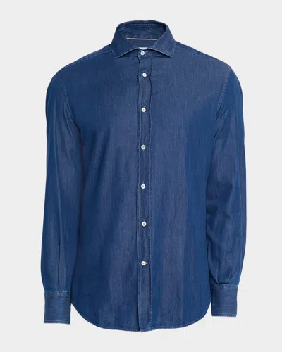 BRUNELLO CUCINELLI MEN'S DENIM SPREAD COLLAR BUTTON-DOWN SHIRT